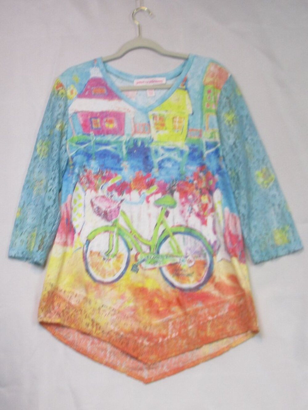 Leoma Lovegrove Top Florida Girl Bicycle 3/4 Lace Sleeve Wearable Art Shirt L